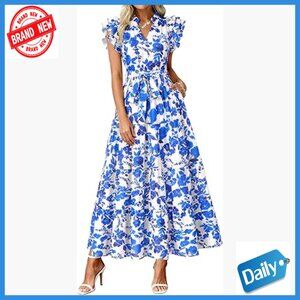 Maxi Dress with Ruffle Sleeves V Neck Tiered A-Line Sundress with Pockets